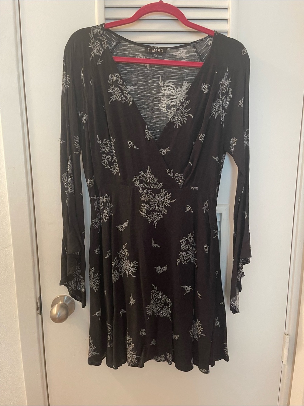 Timing Black Floral Wrap-Style Long Sleeve Dress